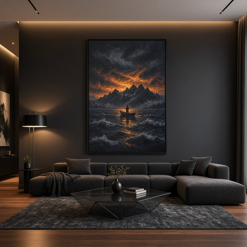 Framed canvas wall art of storm clouds over a mountain lake with a lone fisherman