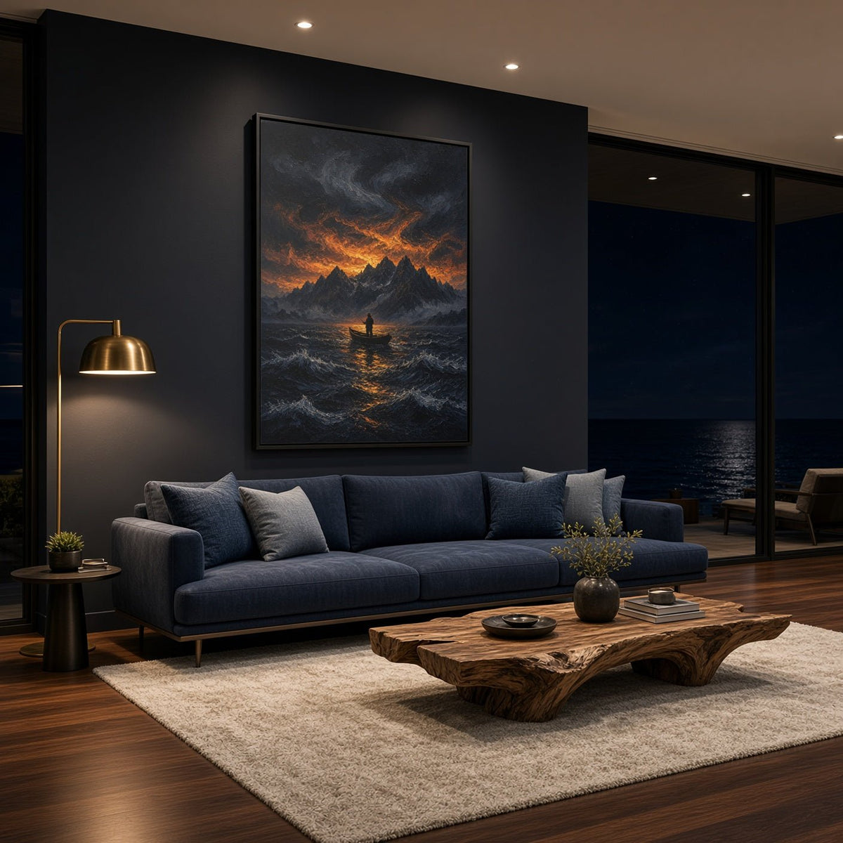 Portrait framed canvas wall art showing stormy lake, mountains, and a lone fisherman