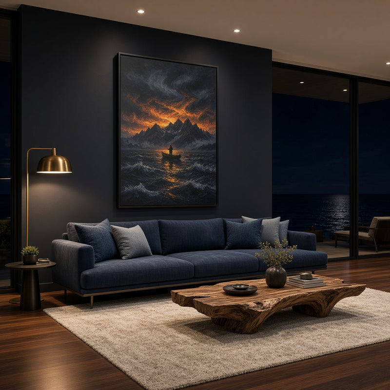 Portrait framed canvas wall art showing stormy lake, mountains, and a lone fisherman