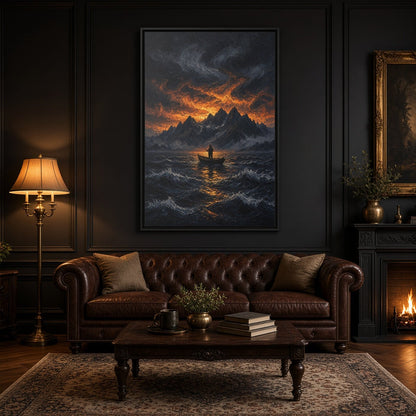 Framed canvas wall art with stormy mountain lake and lone fisherman, warm orange light
