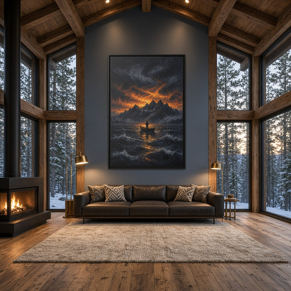 Framed canvas wall art: stormy mountain lake with lone fisherman, orange sunset glow