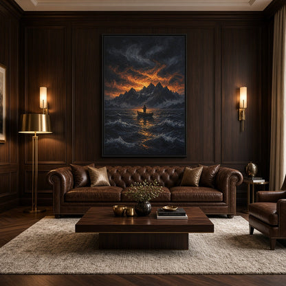 Framed canvas wall art on wood-paneled wall, dark ocean with orange sunset and fisherman