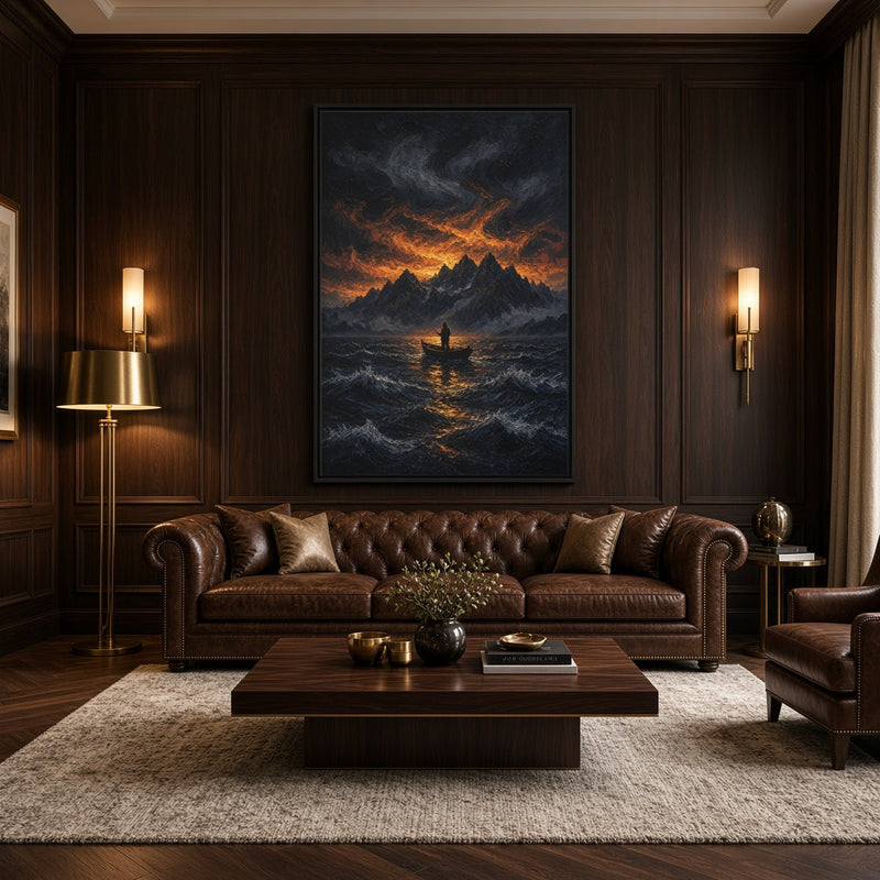 Framed canvas wall art on wood-paneled wall, dark ocean with orange sunset and fisherman