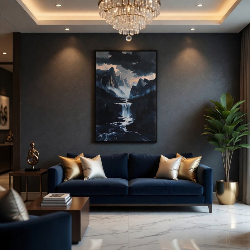 Framed landscape canvas wall art with black frame, showing a mountain waterfall scene