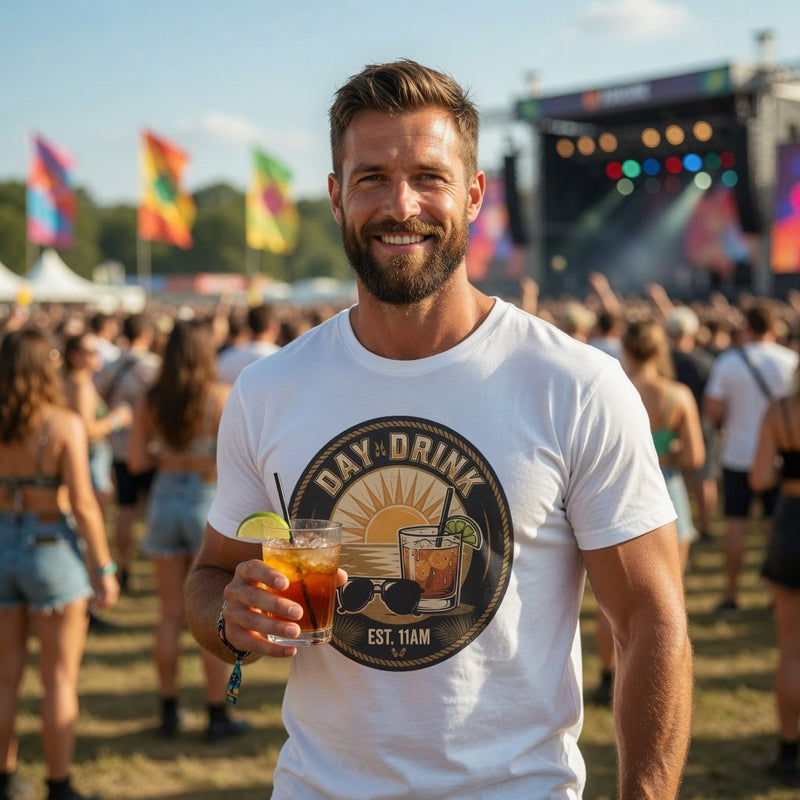 White crew-neck t-shirt with circular “DAY DRINK” graphic and “EST. 11AM”