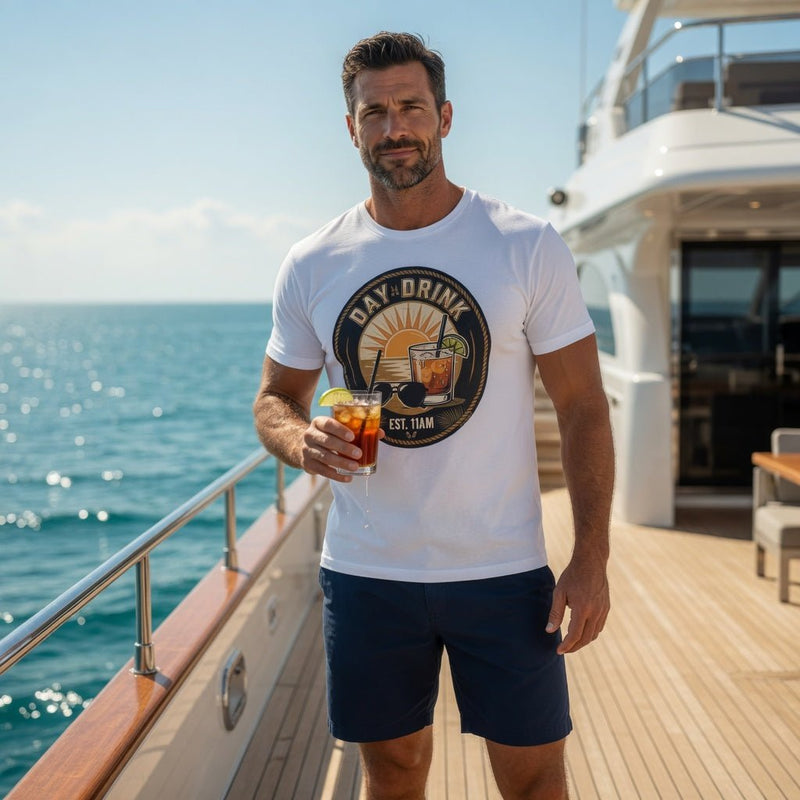 White crew-neck t-shirt with circular “DAY DRINK” graphic and “EST. 11AM”