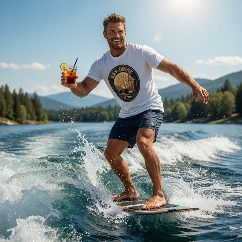 White crewneck T-shirt with round Day Drink Est. 11AM graphic on chest