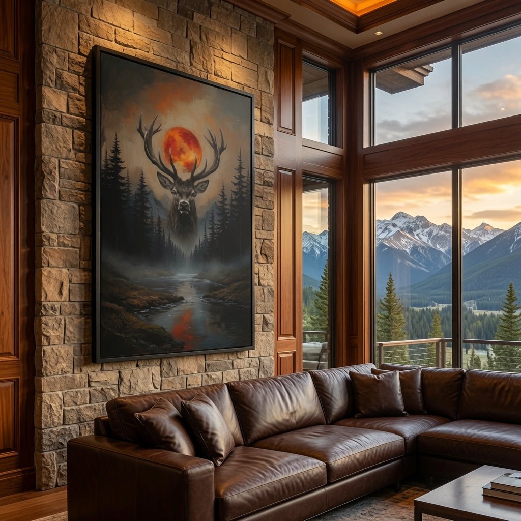 Framed matte canvas art with deer head silhouette, orange-red moon, pine trees and reflective stream