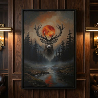 Framed matte canvas art centered on a dark stag head under a glowing orange-red moon