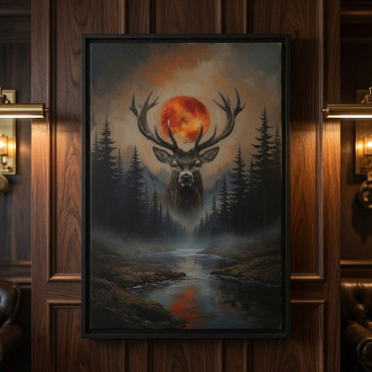 Framed matte canvas art centered on a dark stag head under a glowing orange-red moon