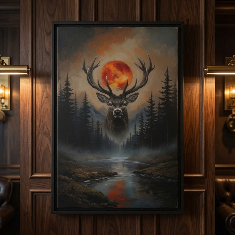 Framed matte canvas art centered on a dark stag head under a glowing orange-red moon