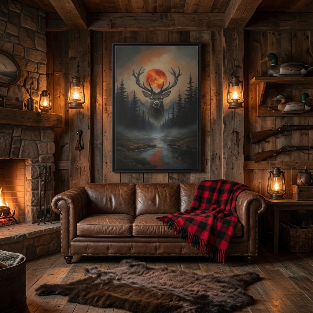 Framed matte canvas art with deer head silhouette, orange blood moon, misty woods and water