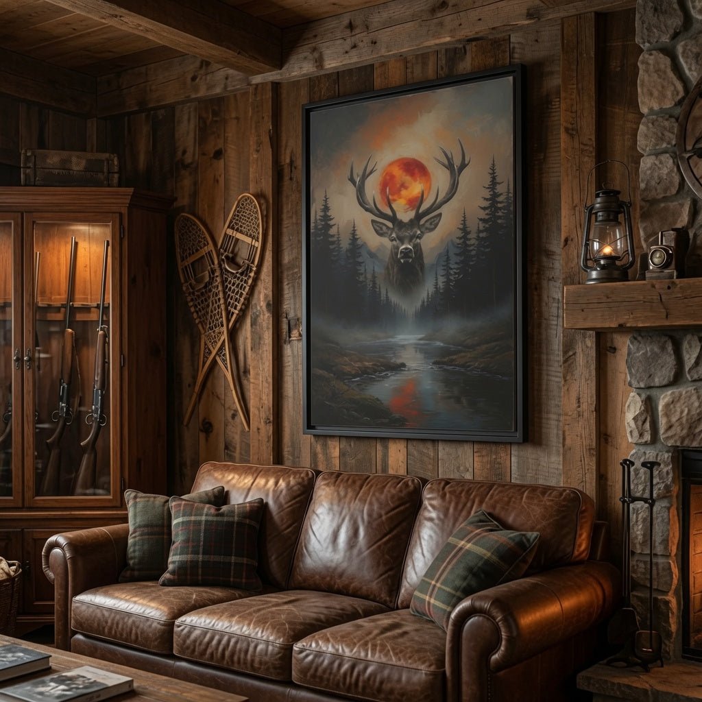 Framed matte canvas wall art featuring a stag head with antlers and a glowing red moon in woods.