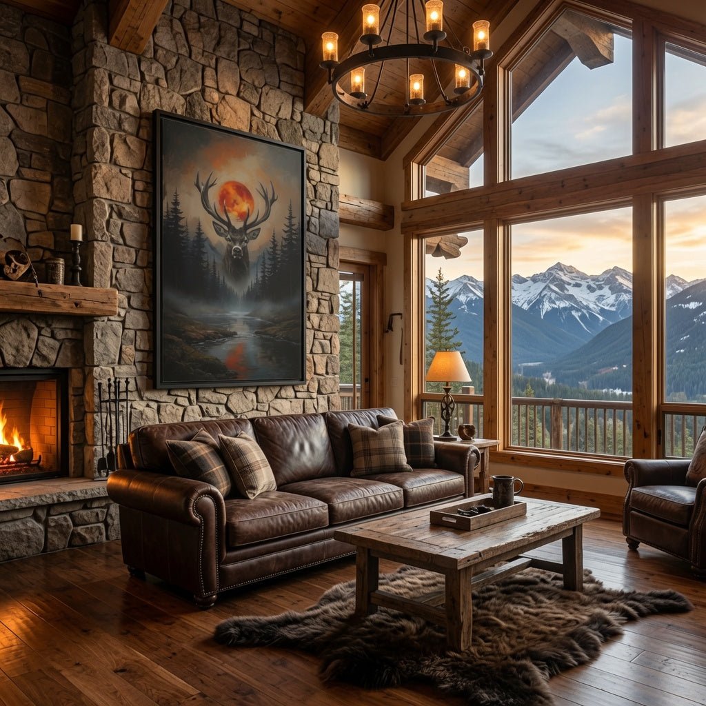 Black framed matte canvas art with deer head silhouette under a fiery orange-red moon and trees