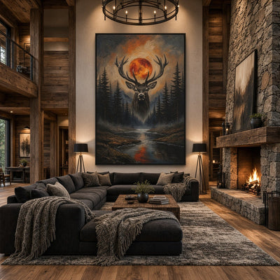 Framed wildlife canvas depicting a stag with large antlers in a forest