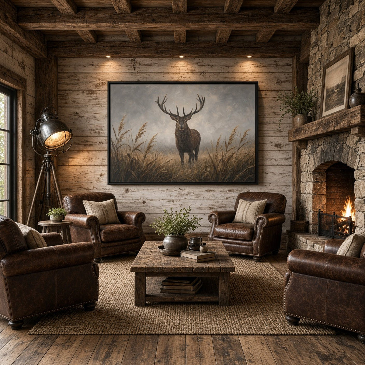 Wide view of framed stag canvas wall art with reeds and antlers, dark frame