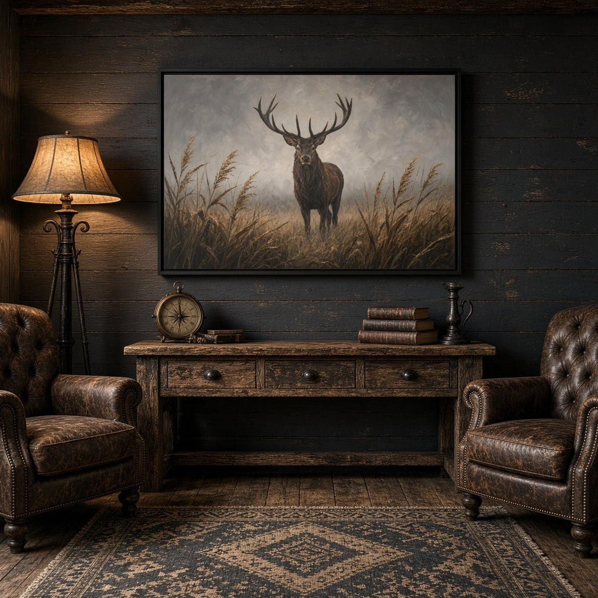 Framed canvas wall art of a stag standing in grass, dark border