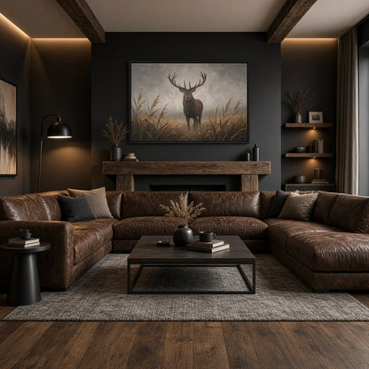 Centered framed canvas artwork featuring a stag among tall reeds, dark frame