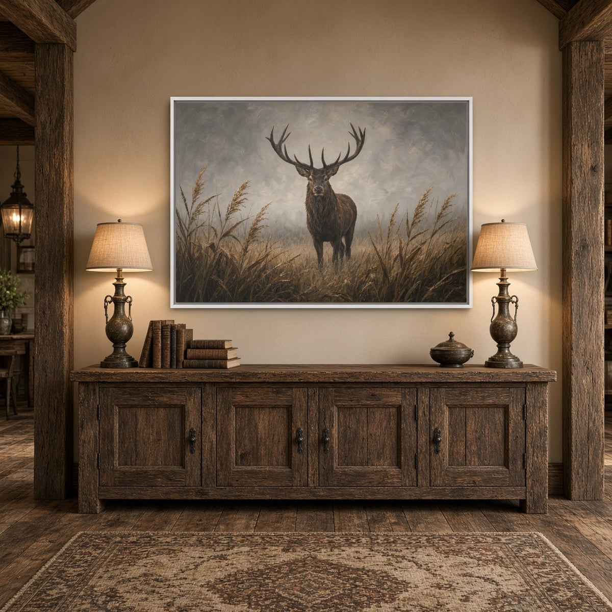 Framed canvas wall art showing a stag with antlers in tall reeds