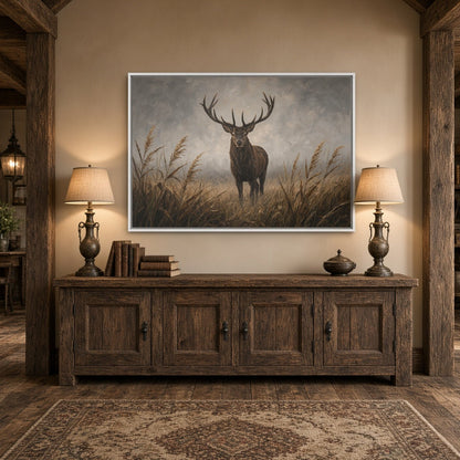 Framed canvas wall art showing a stag with antlers in tall reeds