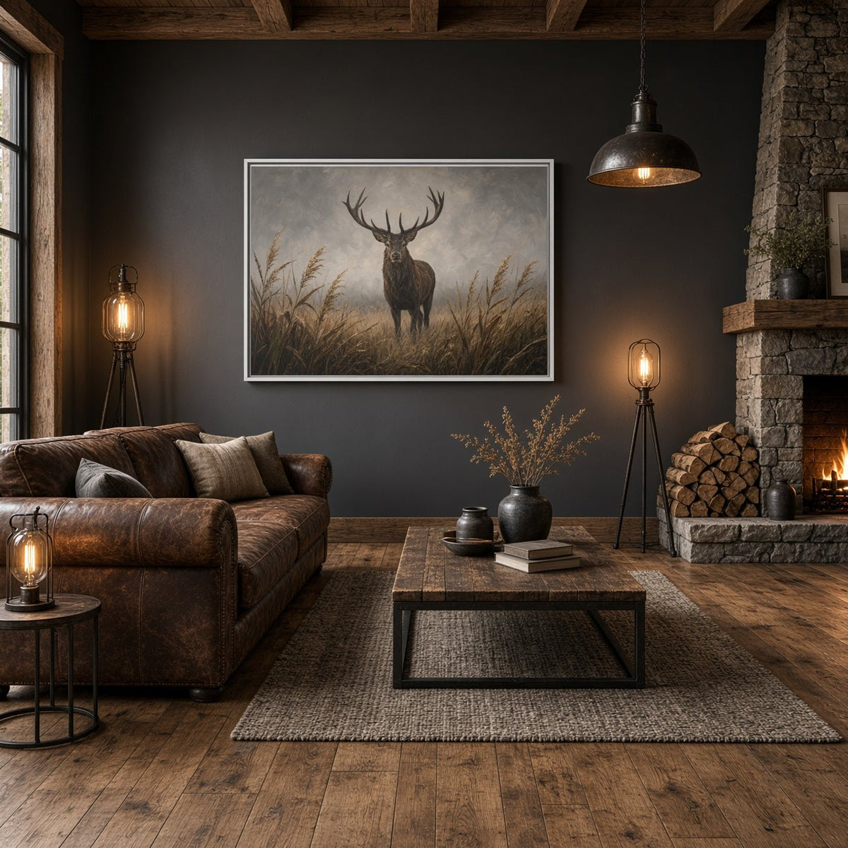Framed canvas wall art with a stag centered in a field of reeds