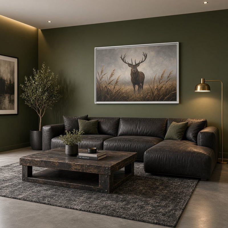 Framed canvas wall art of a stag in reeds with a neutral sky