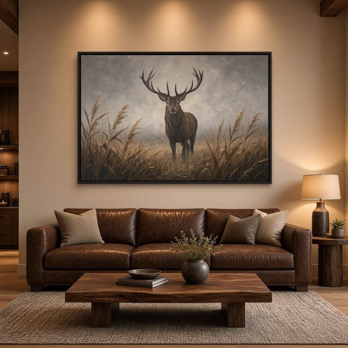 Framed canvas wall art featuring an antlered stag in tall grasses