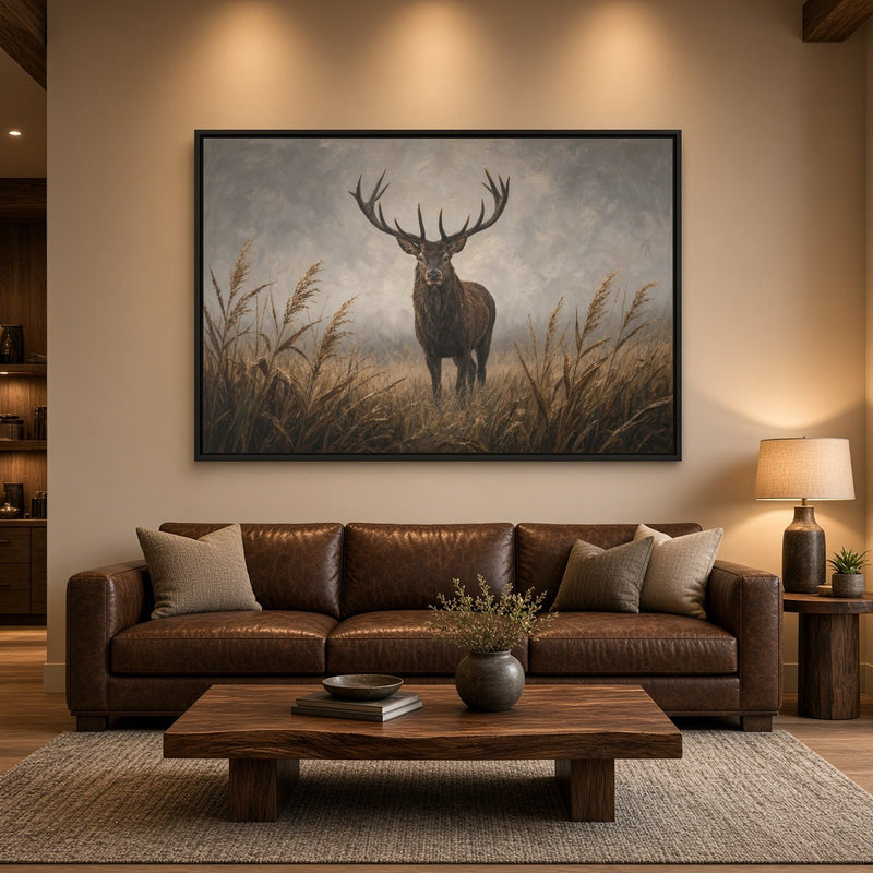 Framed canvas wall art featuring an antlered stag in tall grasses