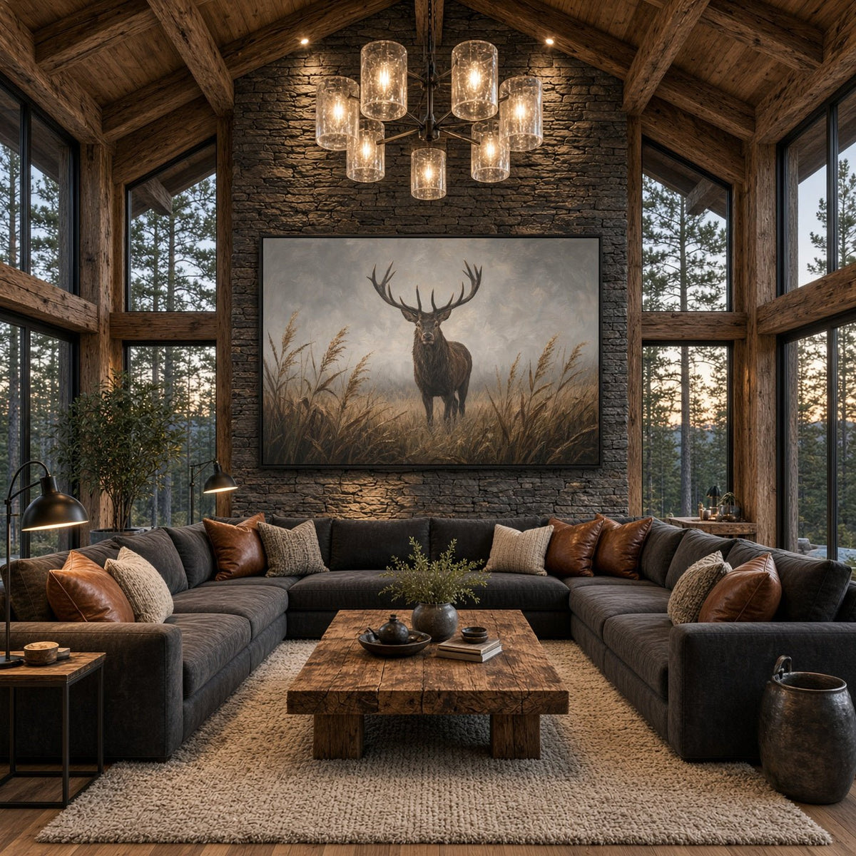 Framed canvas wall art with a stag standing in tall grass, dark border