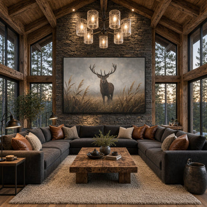 Framed canvas wall art with a stag standing in tall grass, dark border