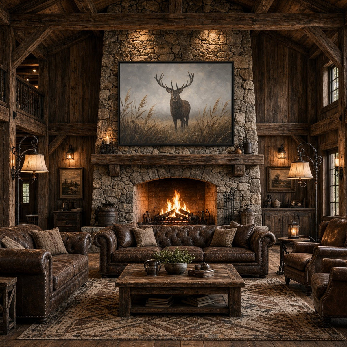 Framed deer canvas artwork featuring a stag in a field, dark frame