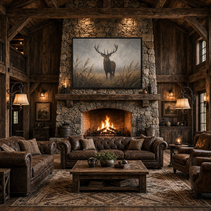 Framed deer canvas artwork featuring a stag in a field, dark frame