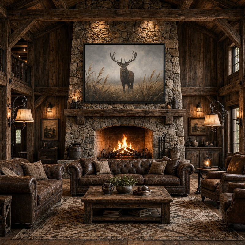 Framed deer canvas artwork featuring a stag in a field, dark frame