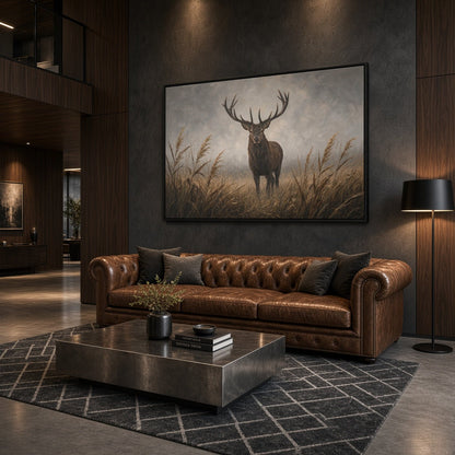 Landscape framed canvas wall art with a stag silhouette in brush, dark border