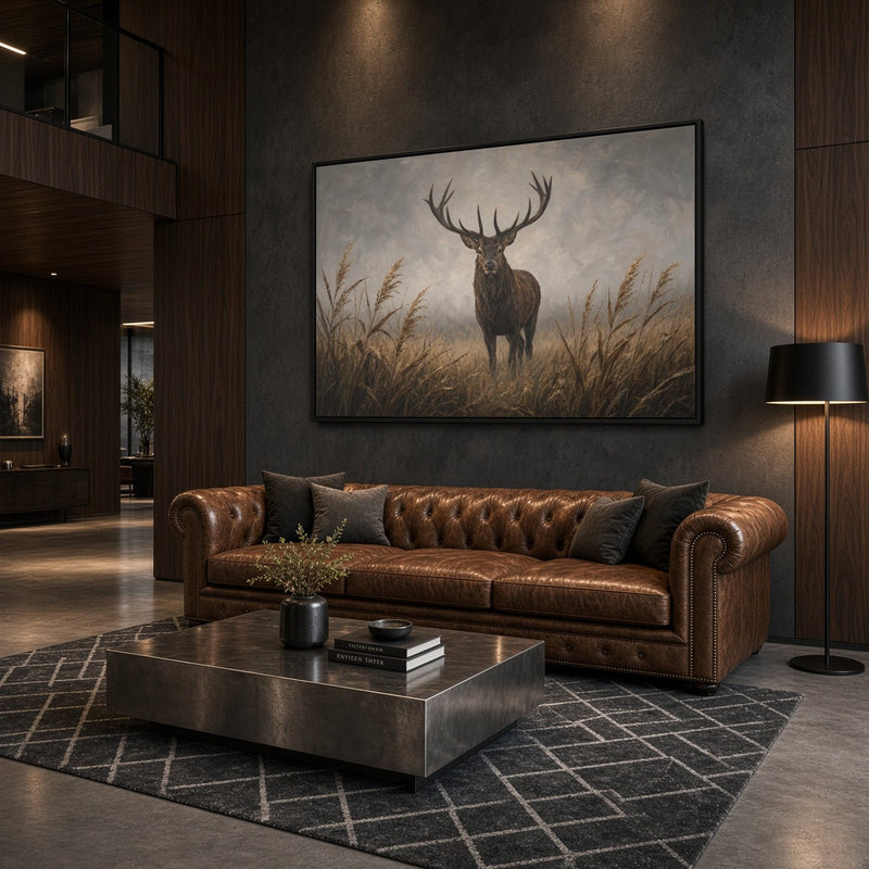 Landscape framed canvas wall art with a stag silhouette in brush, dark border