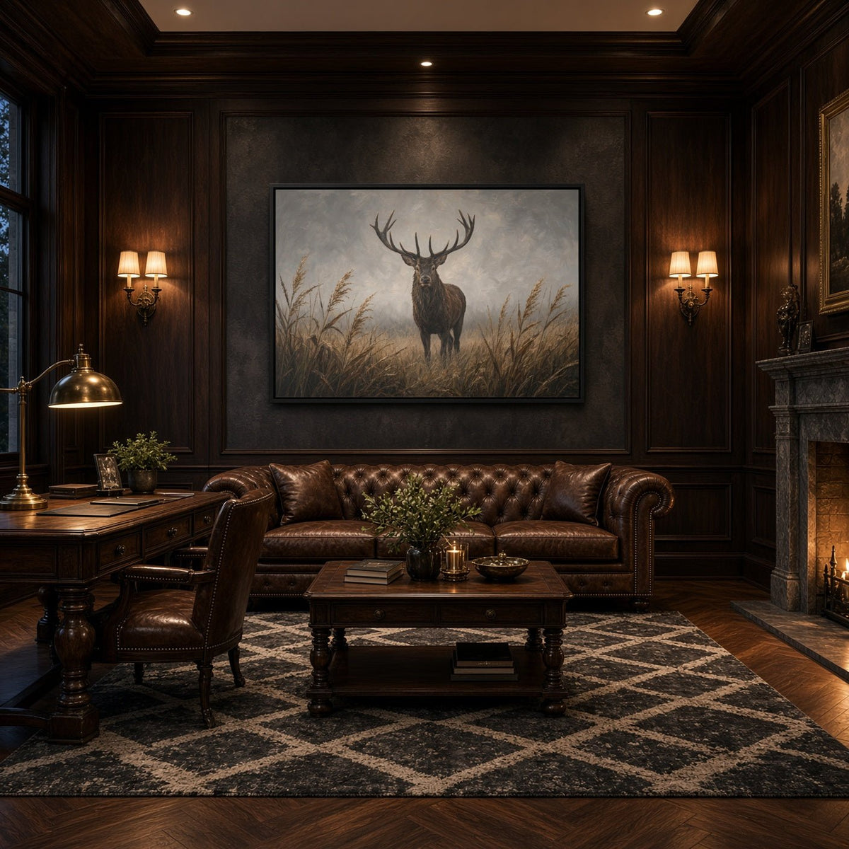 Framed stag canvas wall art with antlers and tall grass, dark border