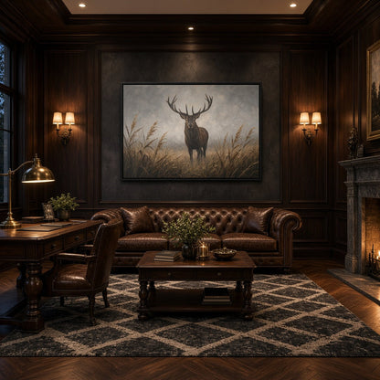 Framed stag canvas wall art with antlers and tall grass, dark border