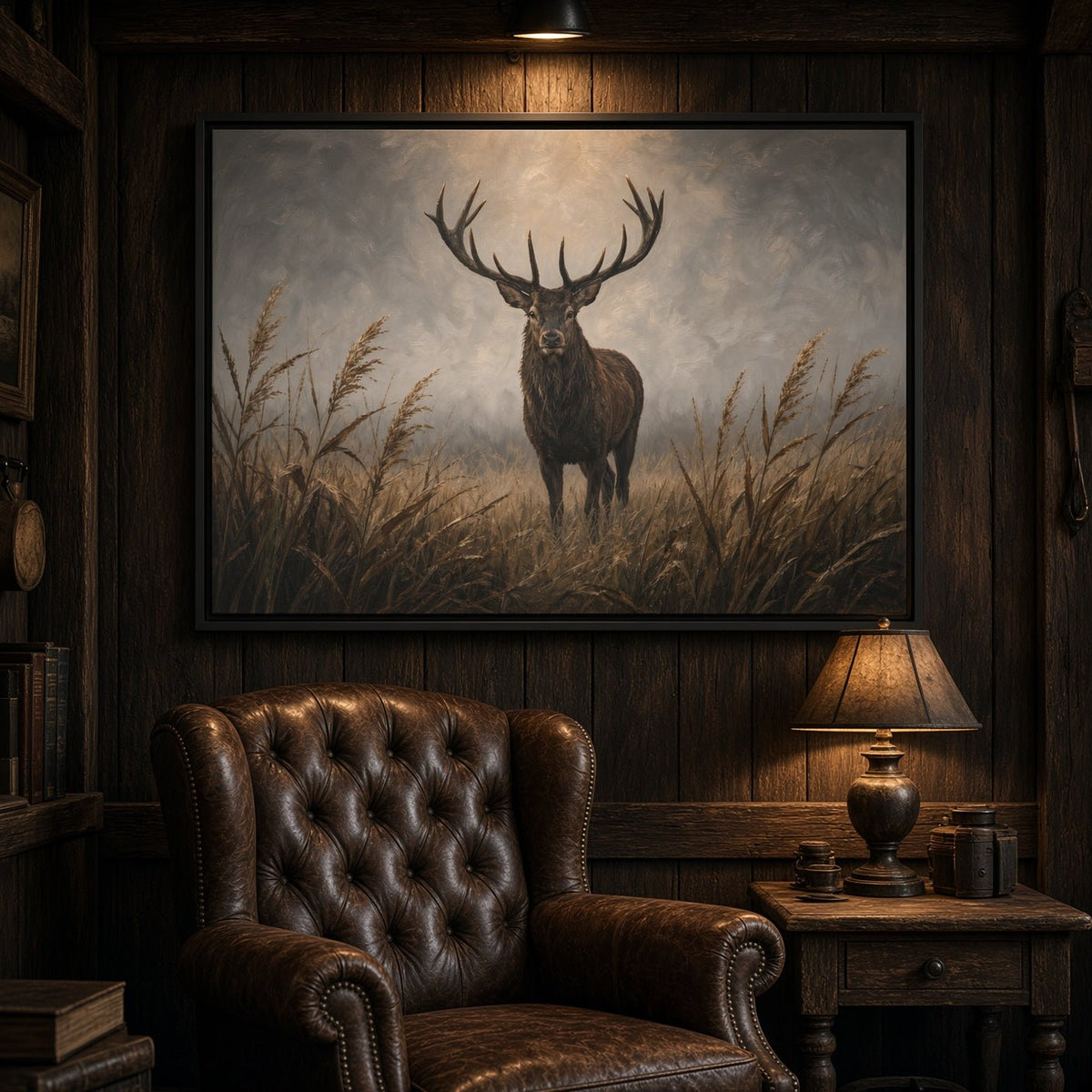 Close view of framed stag canvas wall art with tall reeds, dark frame