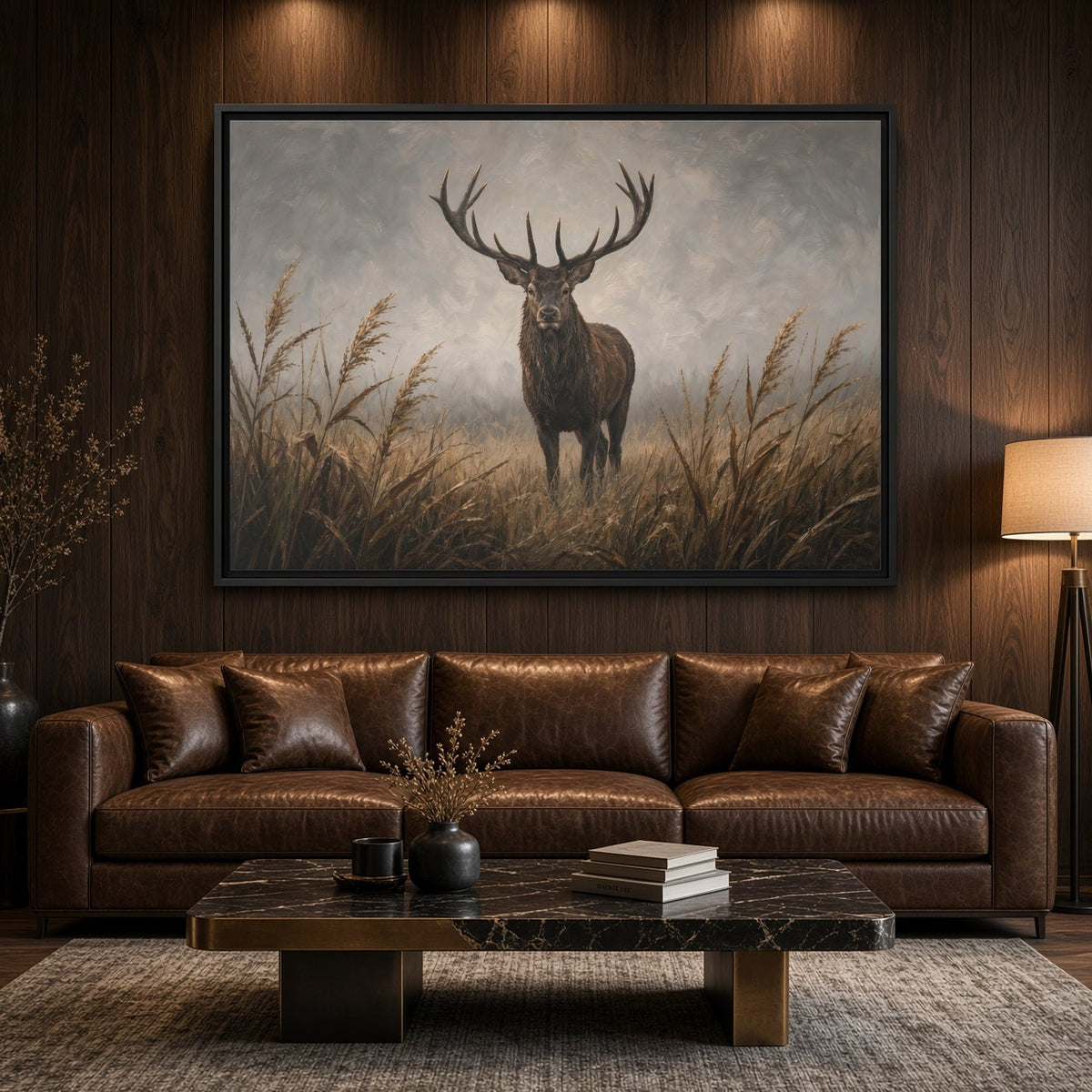 Framed canvas artwork showing a stag in tall grass, dark border