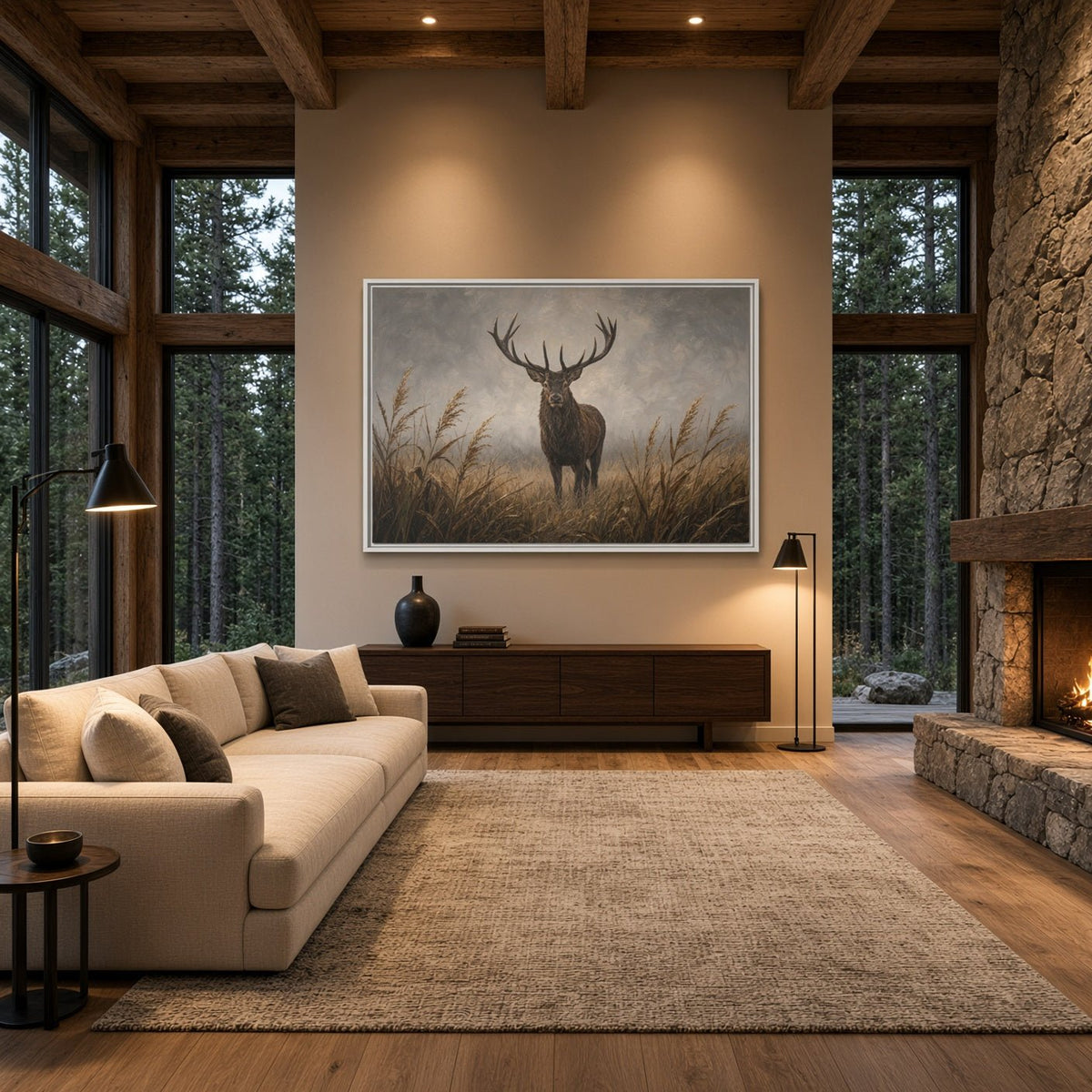 Framed canvas wall art of a standing stag among tall reeds