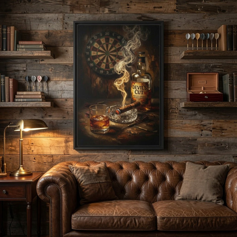 Black framed canvas art with dartboard, whiskey glass, cigar smoke, and “Devil's Cut” label