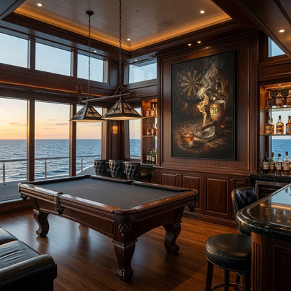 Black framed wall canvas showing a dartboard with cigar smoke, whiskey, and bottle artwork
