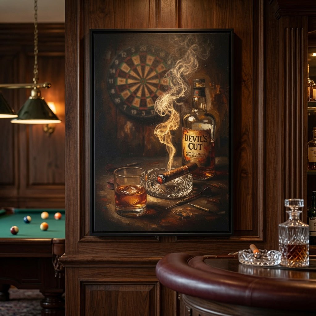Black-framed framed canvas featuring dartboard, whiskey glass, cigar smoke, and “Devil's Cut”