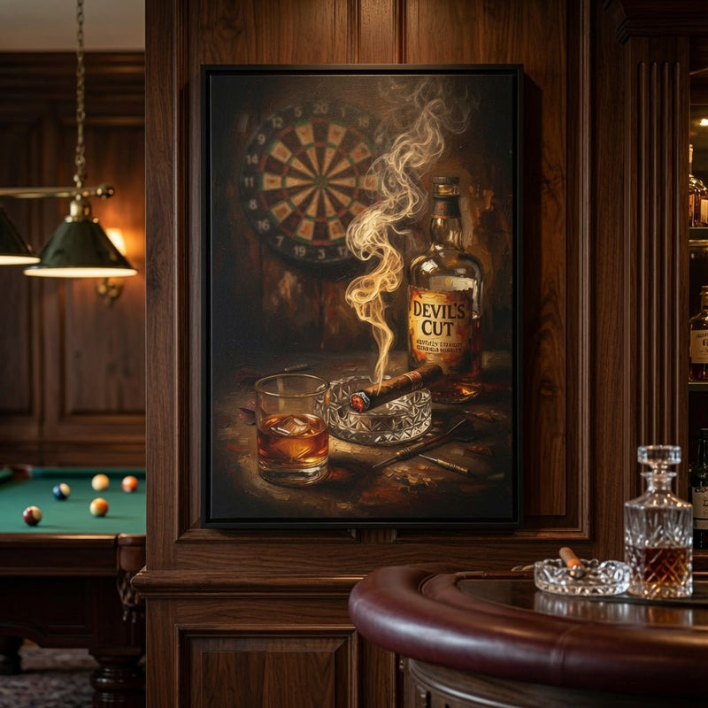 Black-framed framed canvas featuring dartboard, whiskey glass, cigar smoke, and “Devil's Cut”