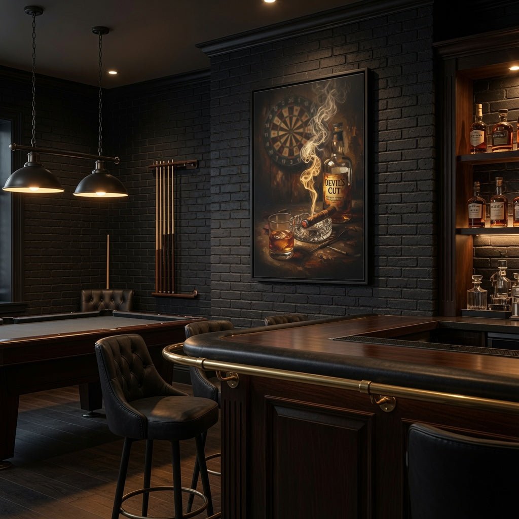 Black framed canvas art with dartboard and rising cigar smoke over whiskey and bottle scene