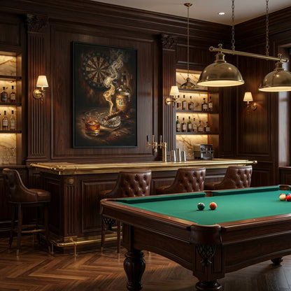 Black framed canvas print with dartboard, whiskey glass, cigar smoke, and “Devil's Cut” text