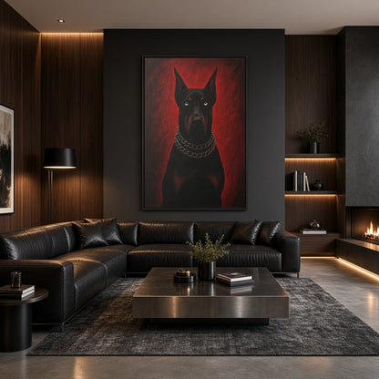 Framed canvas featuring a black doberman portrait against red tones