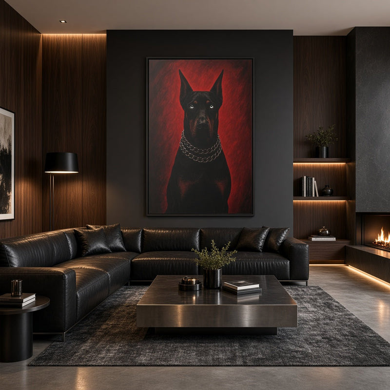 Framed canvas featuring a black doberman portrait against red tones