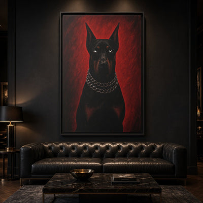 Framed canvas Doberman portrait on wall, black dog with silver chain collar and red tones
