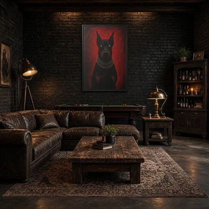 Framed doberman portrait canvas with black dog and red background